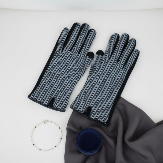 Blue Navy Cross Wavy Touchscreen Winter Gloves