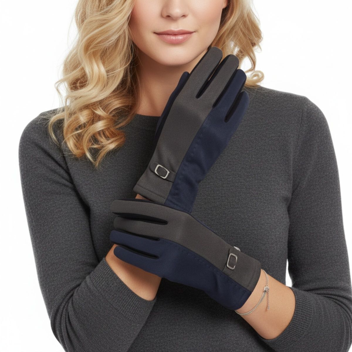 Navy Black Faux Suede Touchscreen Winter Gloves