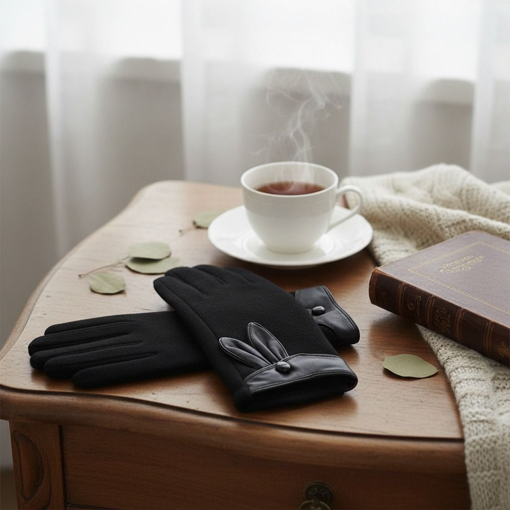 Black Rabbit Ear Leather Touchscreen Winter Gloves