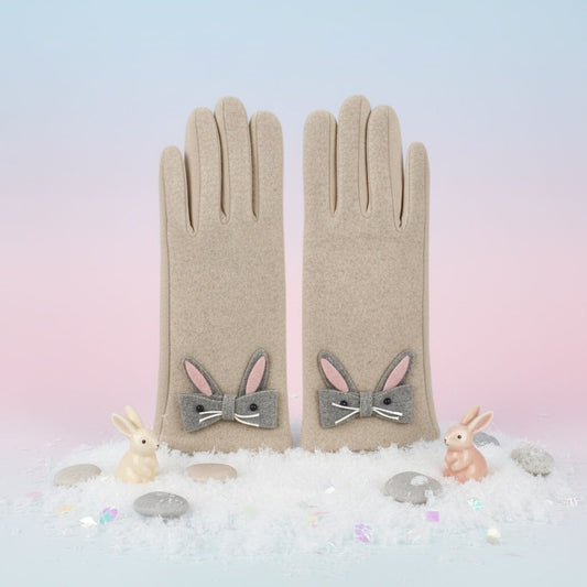 Beige Woolen Cute Rabbit Touchscreen Winter Gloves