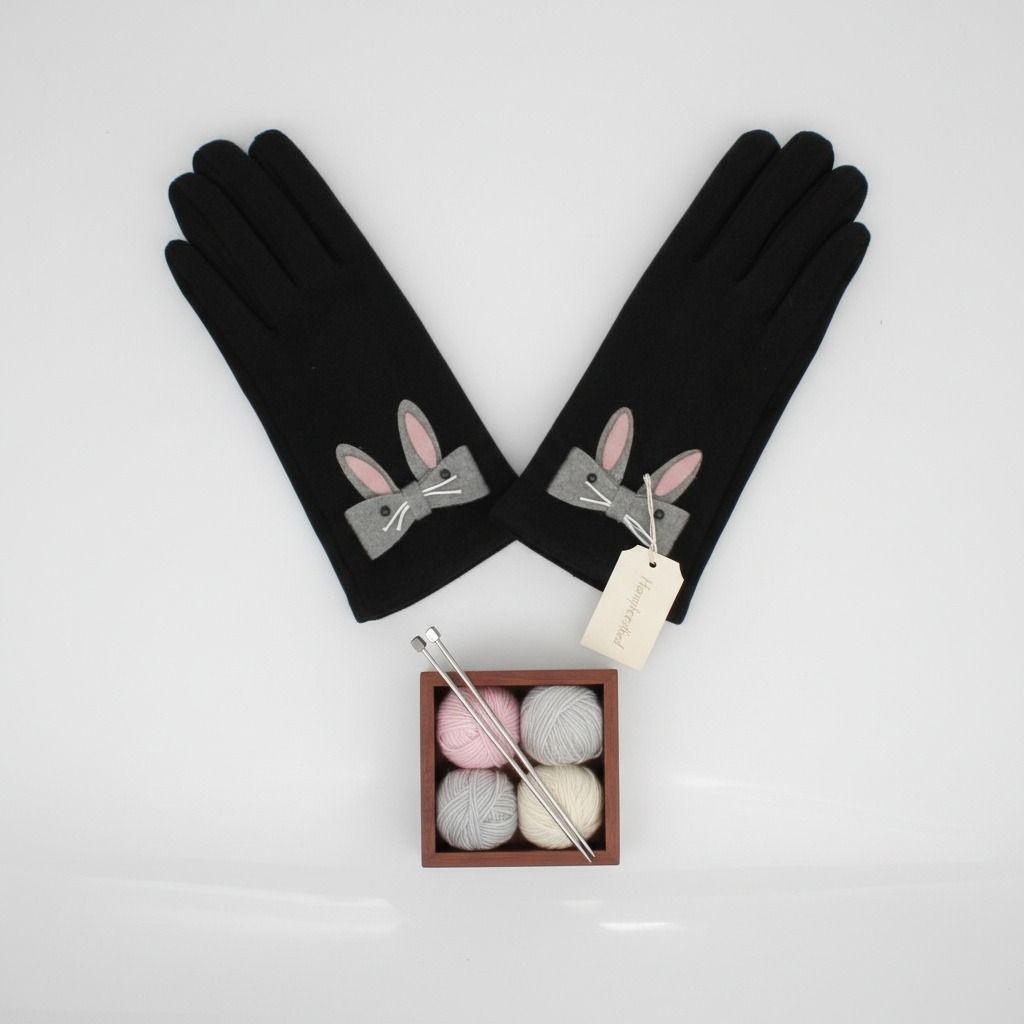 Black Woolen Cute Rabbit Touchscreen Winter Gloves