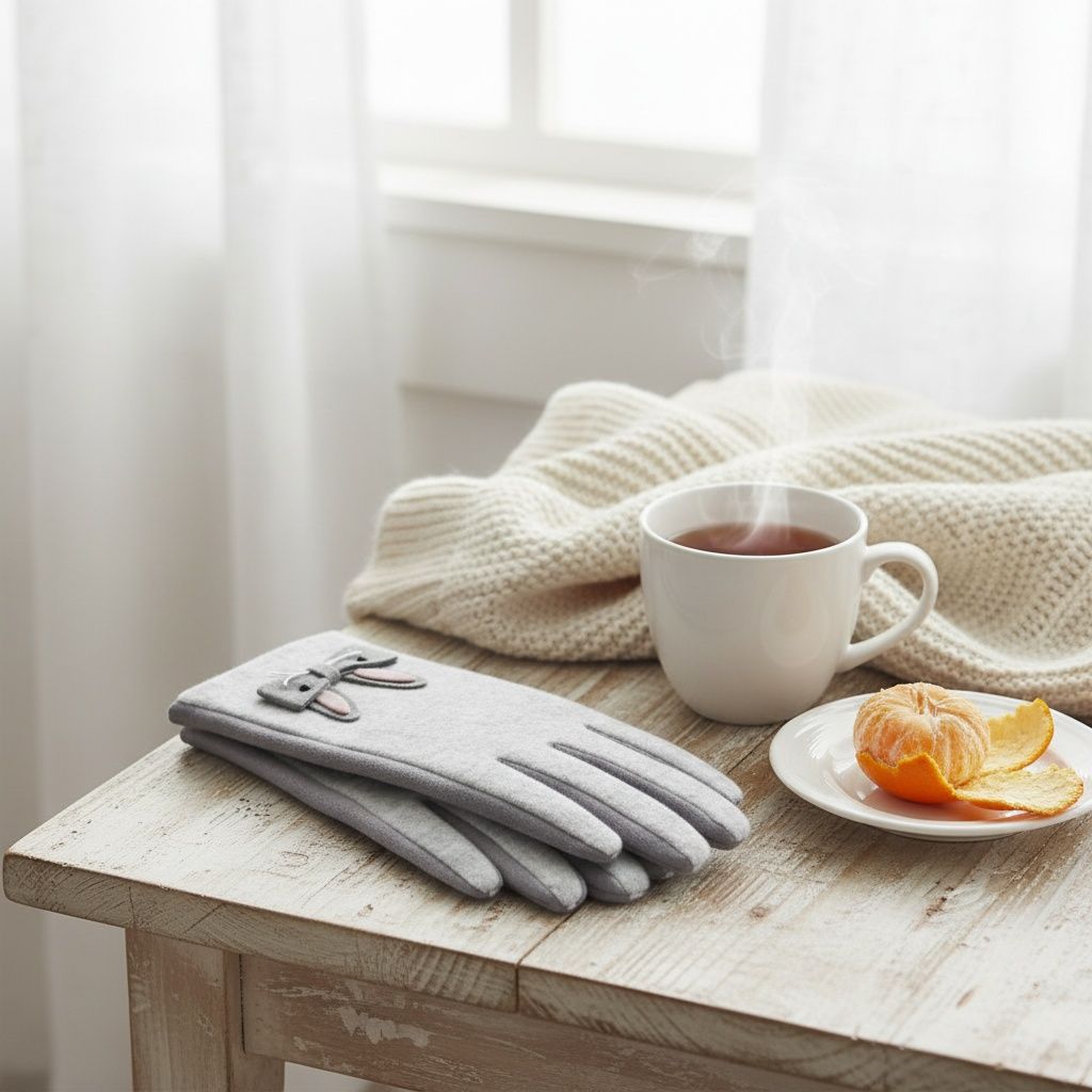 Gray Woolen Cute Rabbit Touchscreen Winter Gloves