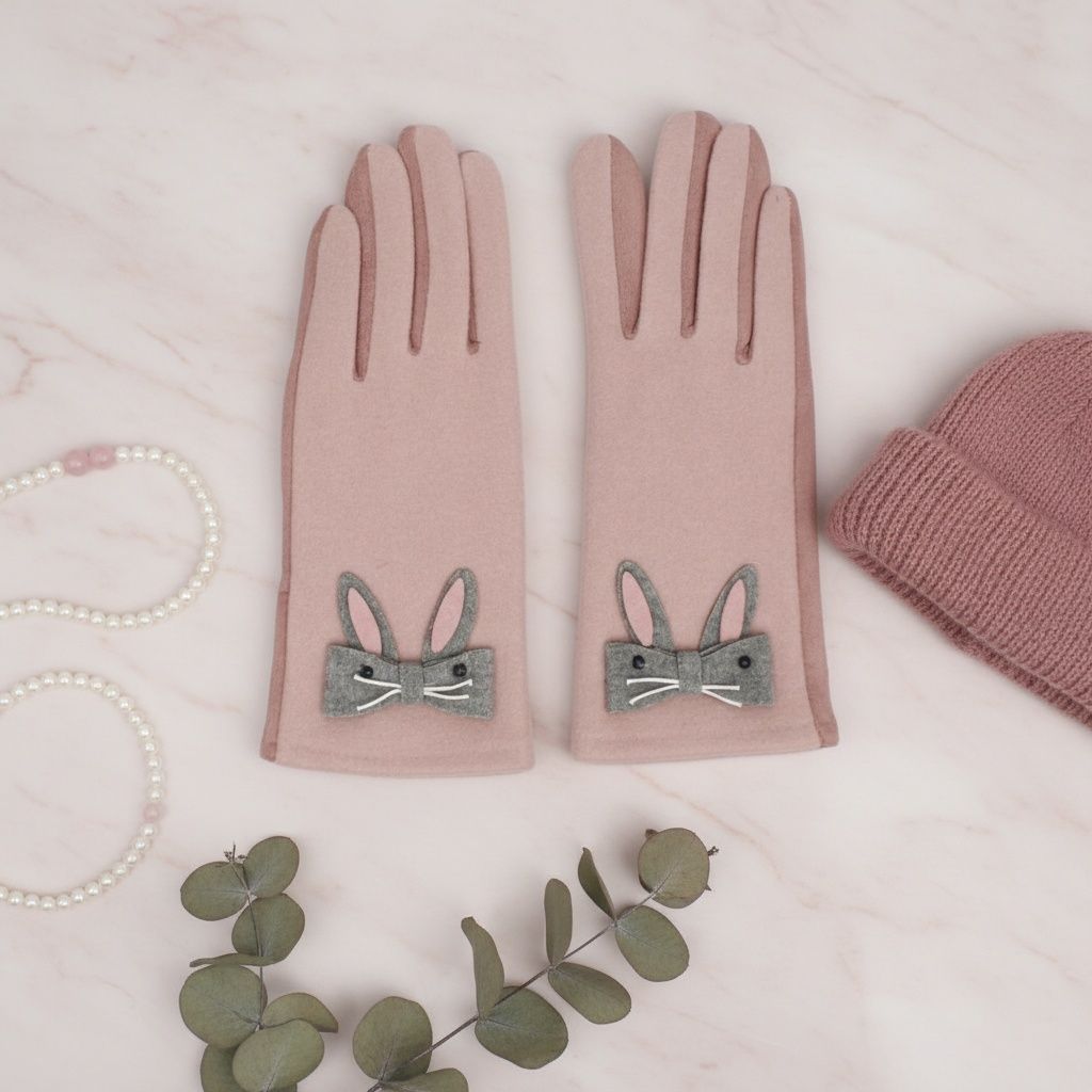 Pink Woolen Cute Rabbit Touchscreen Winter Gloves
