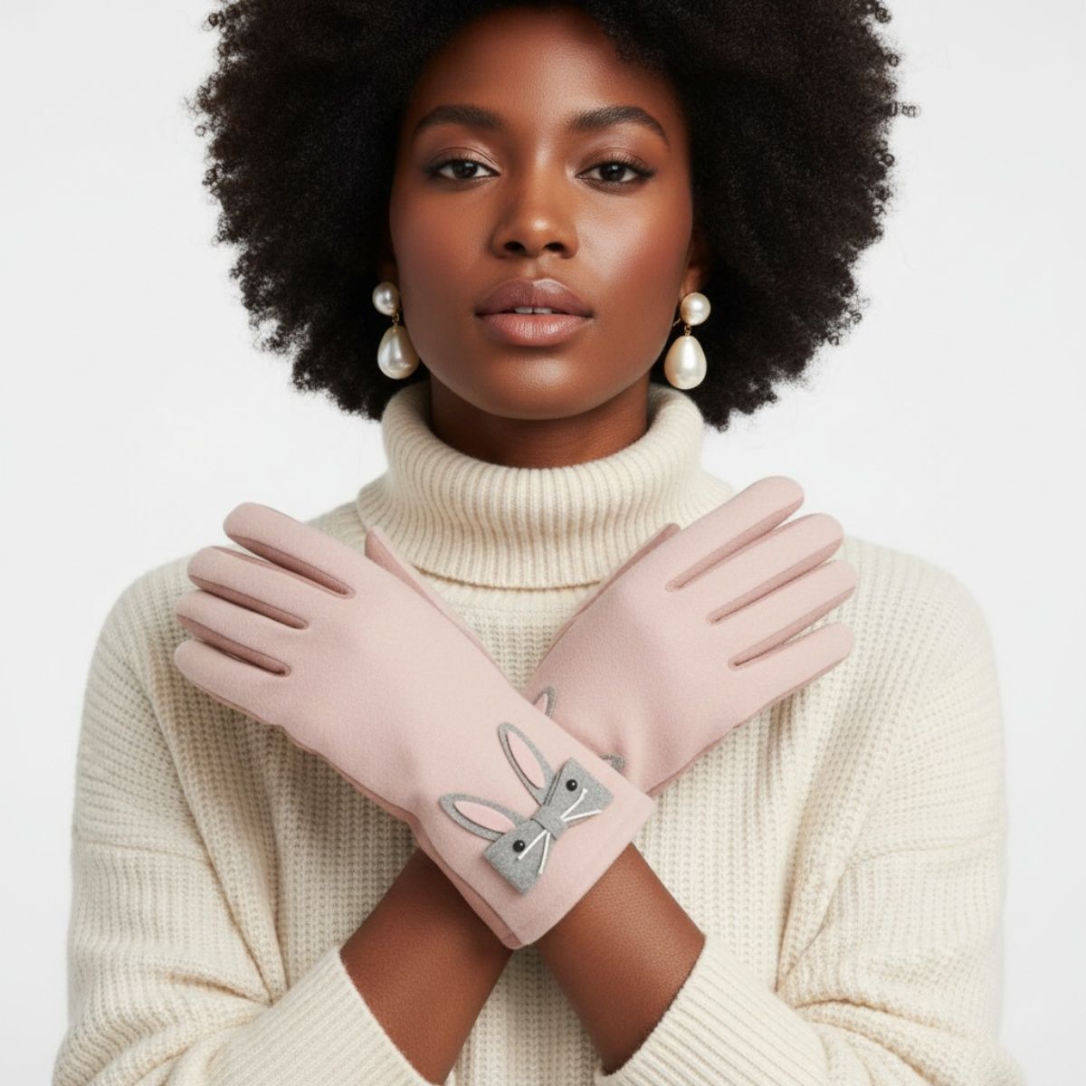 Pink Woolen Cute Rabbit Touchscreen Winter Gloves