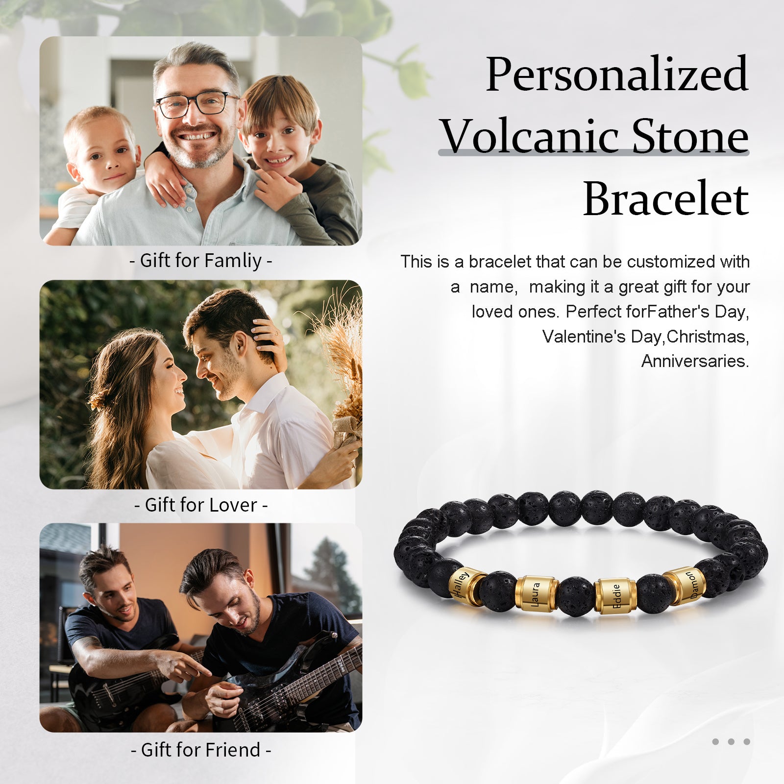 Custom Name Stainless Steel Volcanic Stone Bracelet