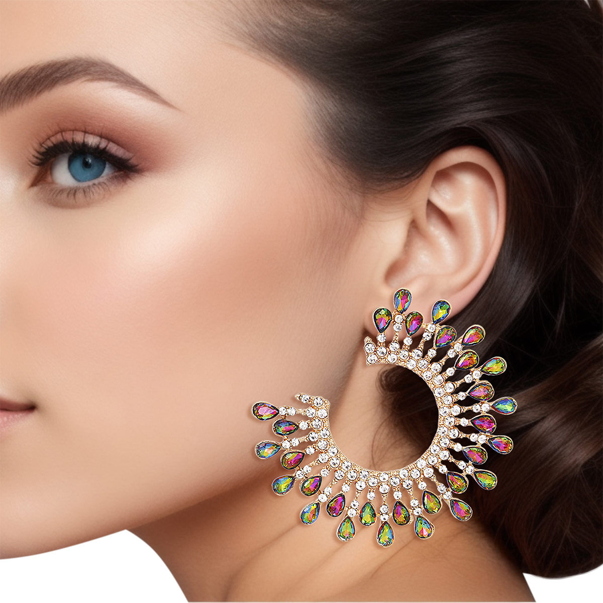 Stud Medium Pink Green C Shape Stone Earring Women