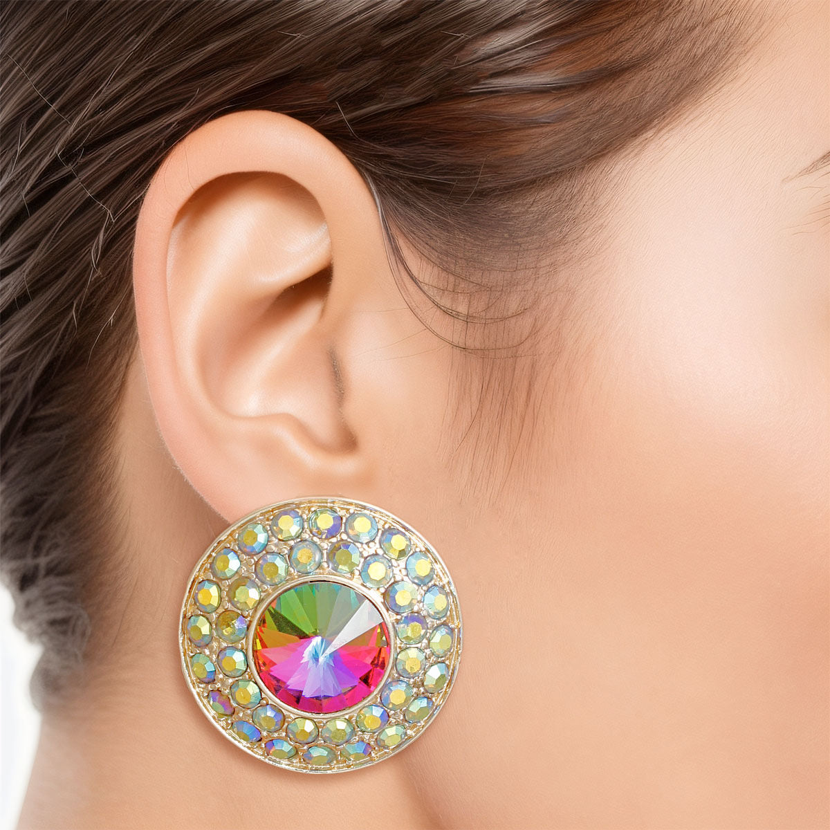 Clip On Small Pink Green Dome Earrings for Women