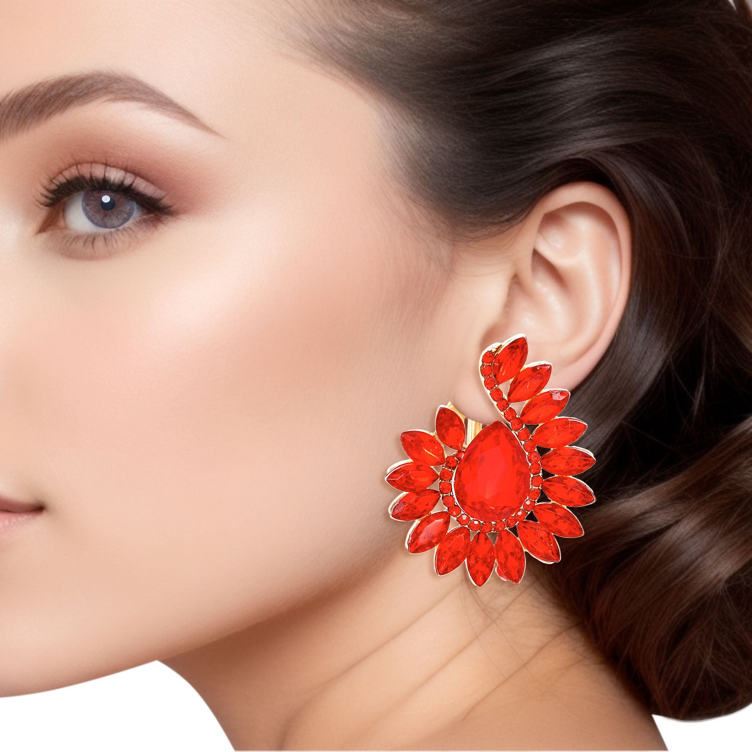 Clip On Red Hook Crystal Earrings for Women