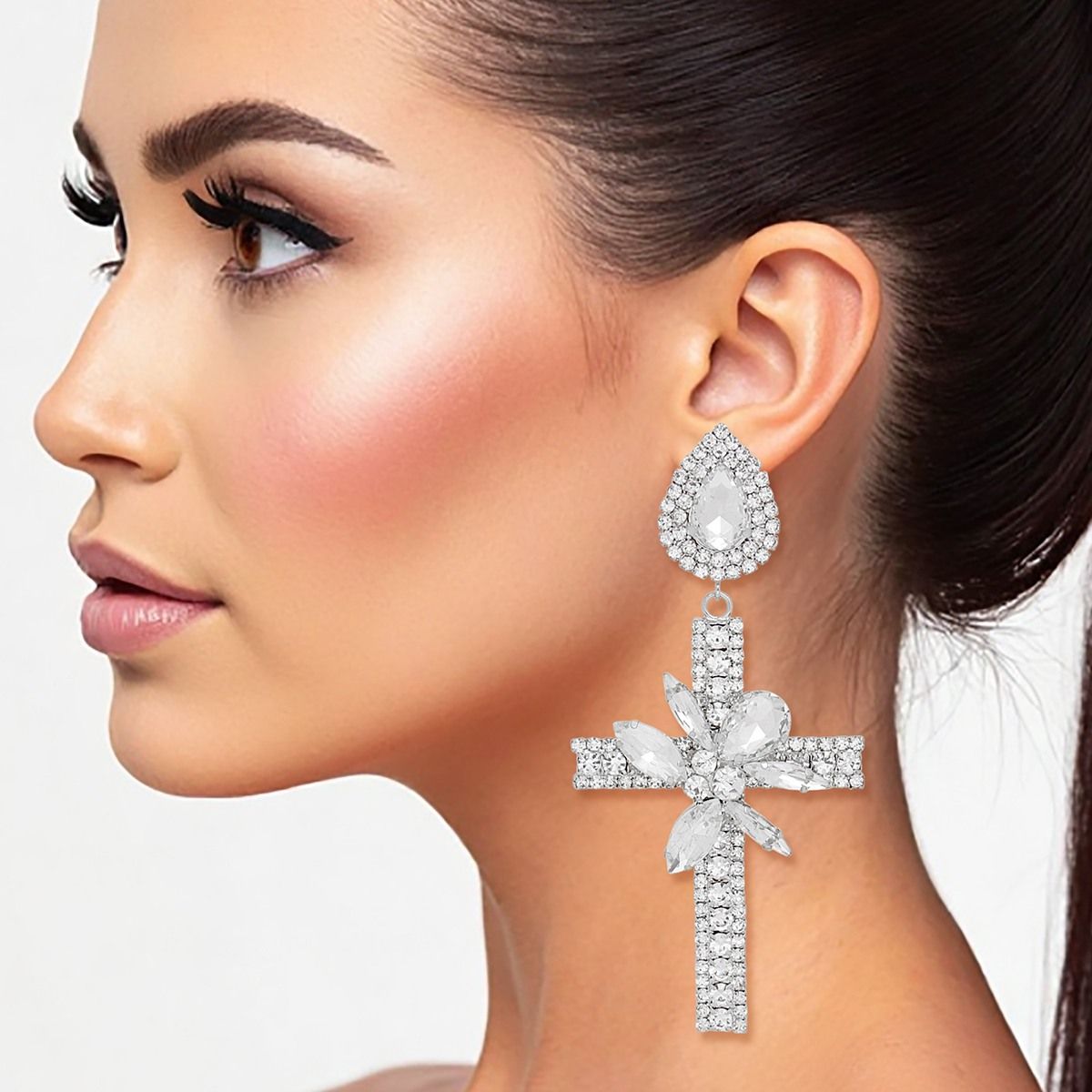 Drop Long Formal Silver Crystal Cross Earrings