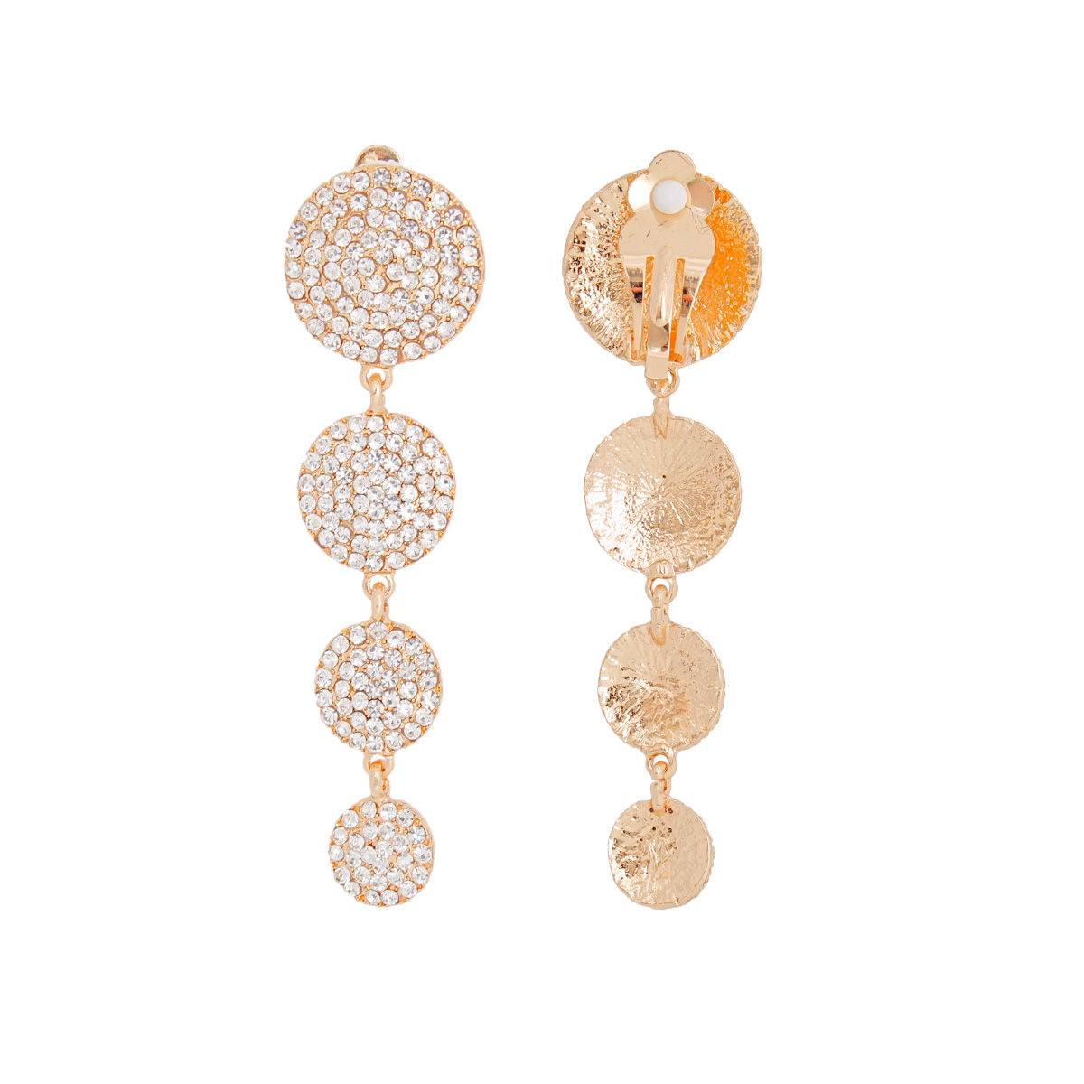 Clip On Gold Pave Disc Drop Earrings for Women