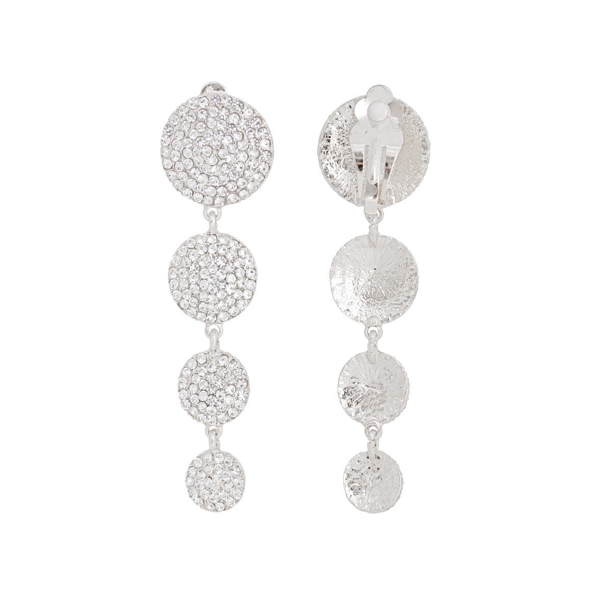Clip On Silver Pave Disc Drop Earrings for Women