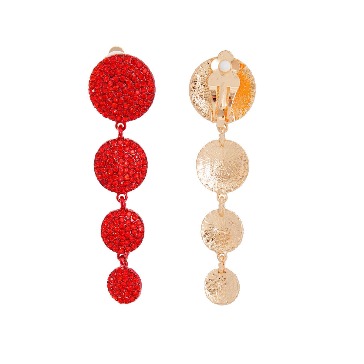 Clip On Red Pave Disc Drop Earrings for Women
