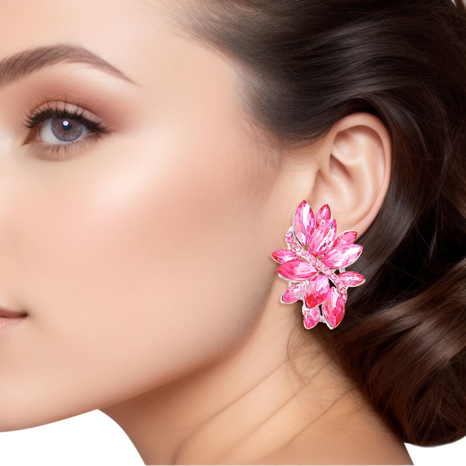 Clip On Pink Marquise Cluster Earrings for Women