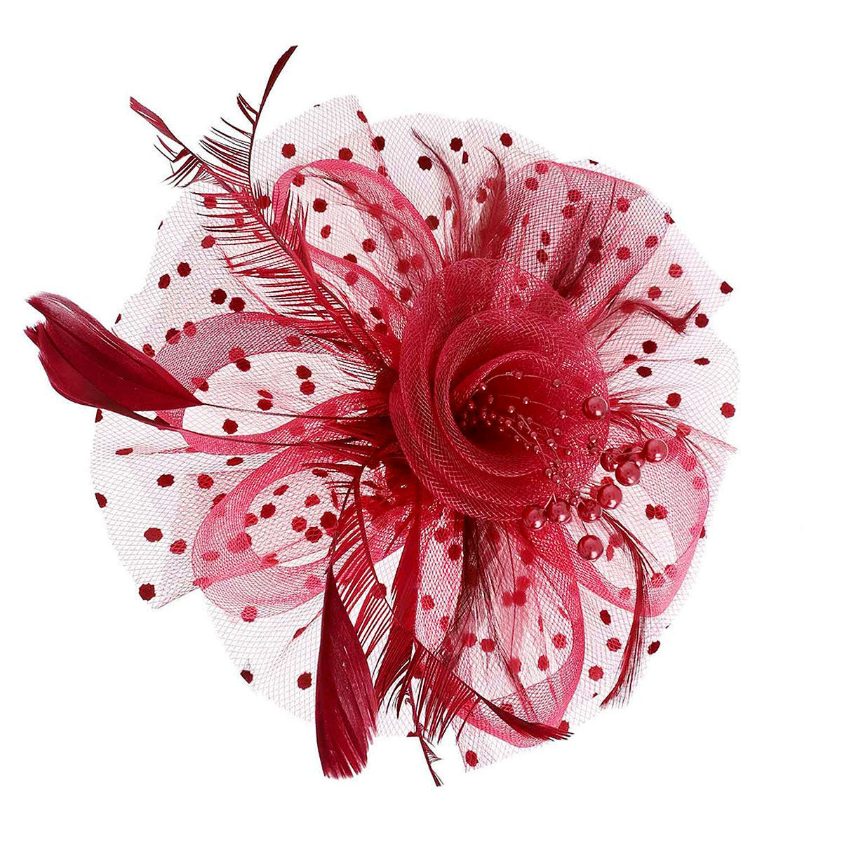 Burgundy Flower Feather Polka Dot Fascinator