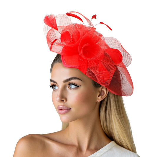 DST Red Flowers Derby Tilt Feather Fascinator