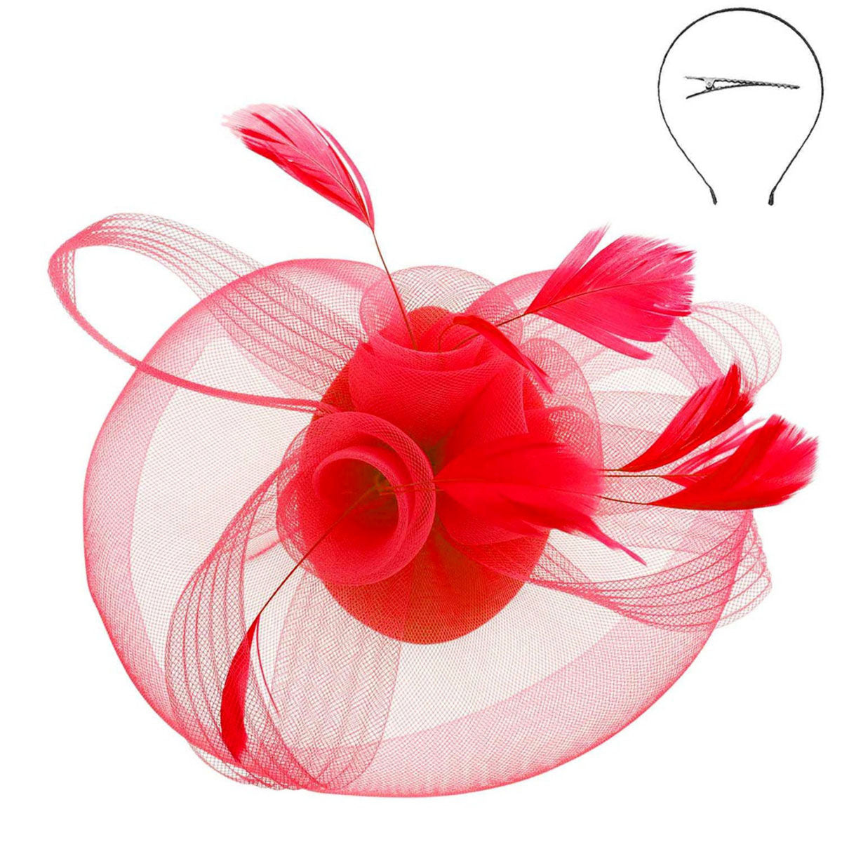 DST Red Flowers Derby Tilt Feather Fascinator