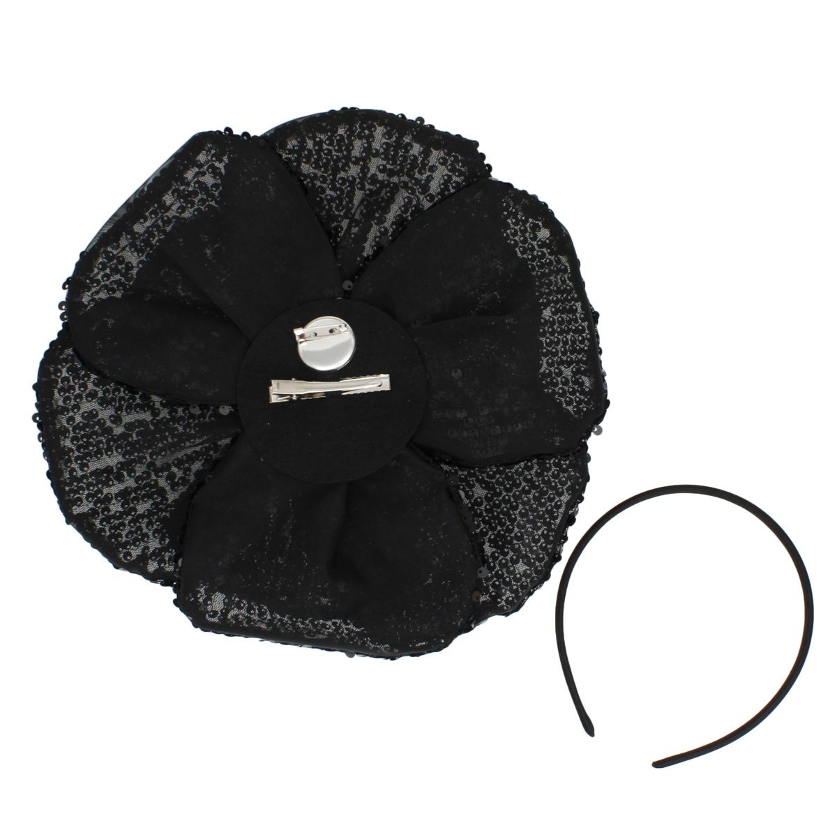 XL Flower Black Sequin Hair Clip Headband Brooch
