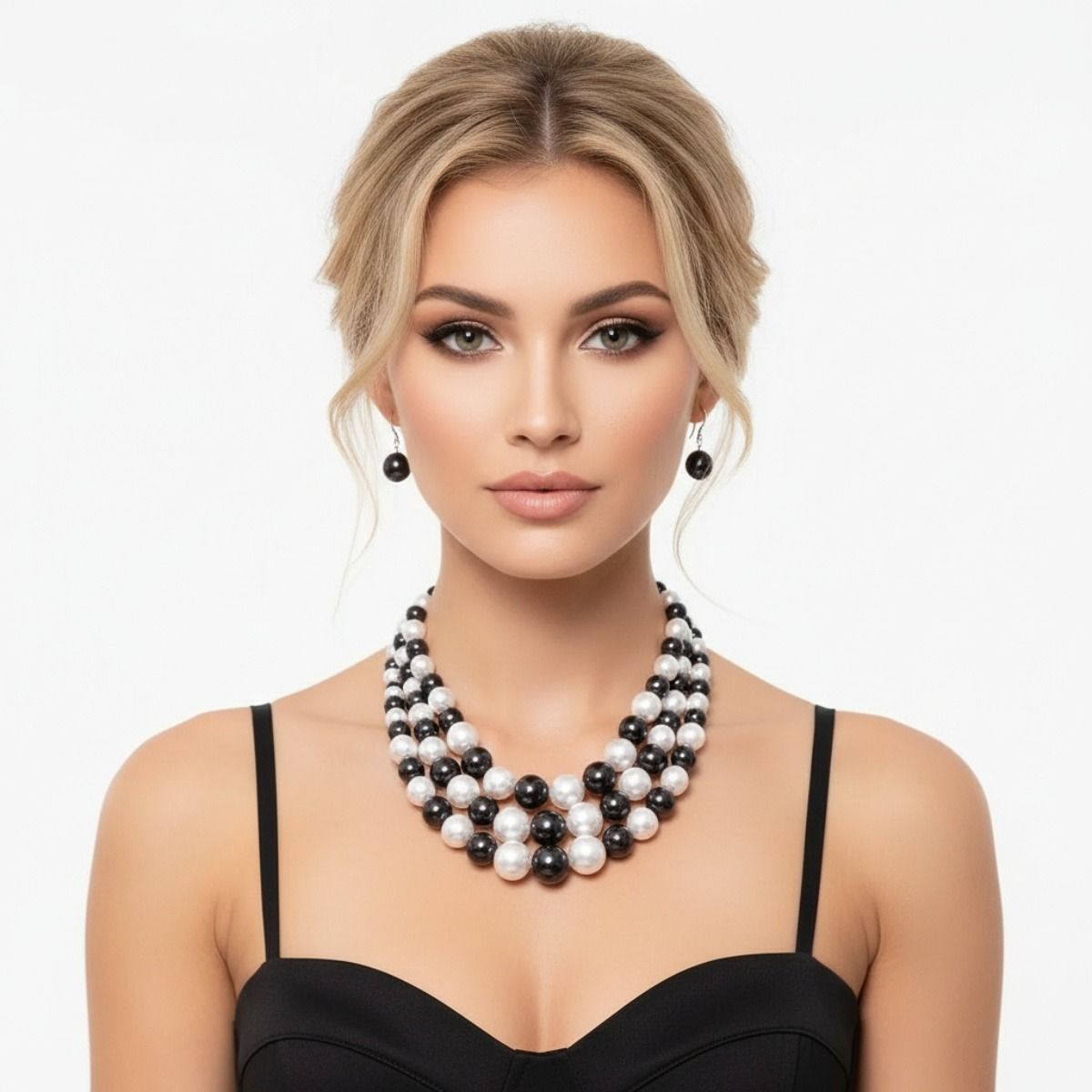 Black and White Multi Strand Pearl Necklace Set