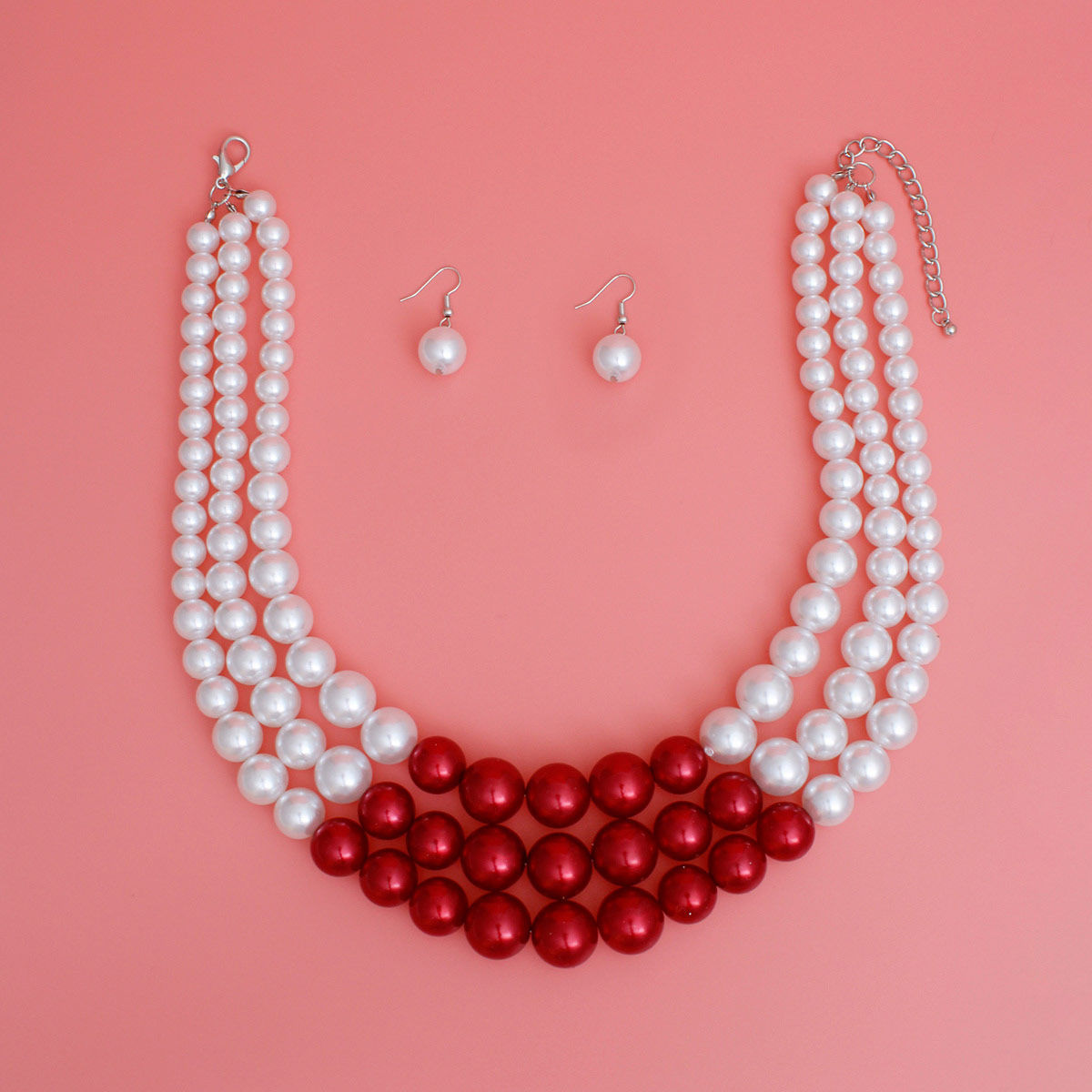Pearl Necklace White Red 3 Layer Set for Women