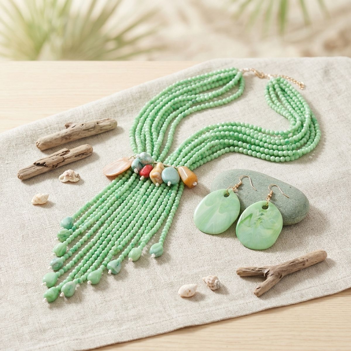 Marbled Green and Stone Bead Tassel Y Necklace