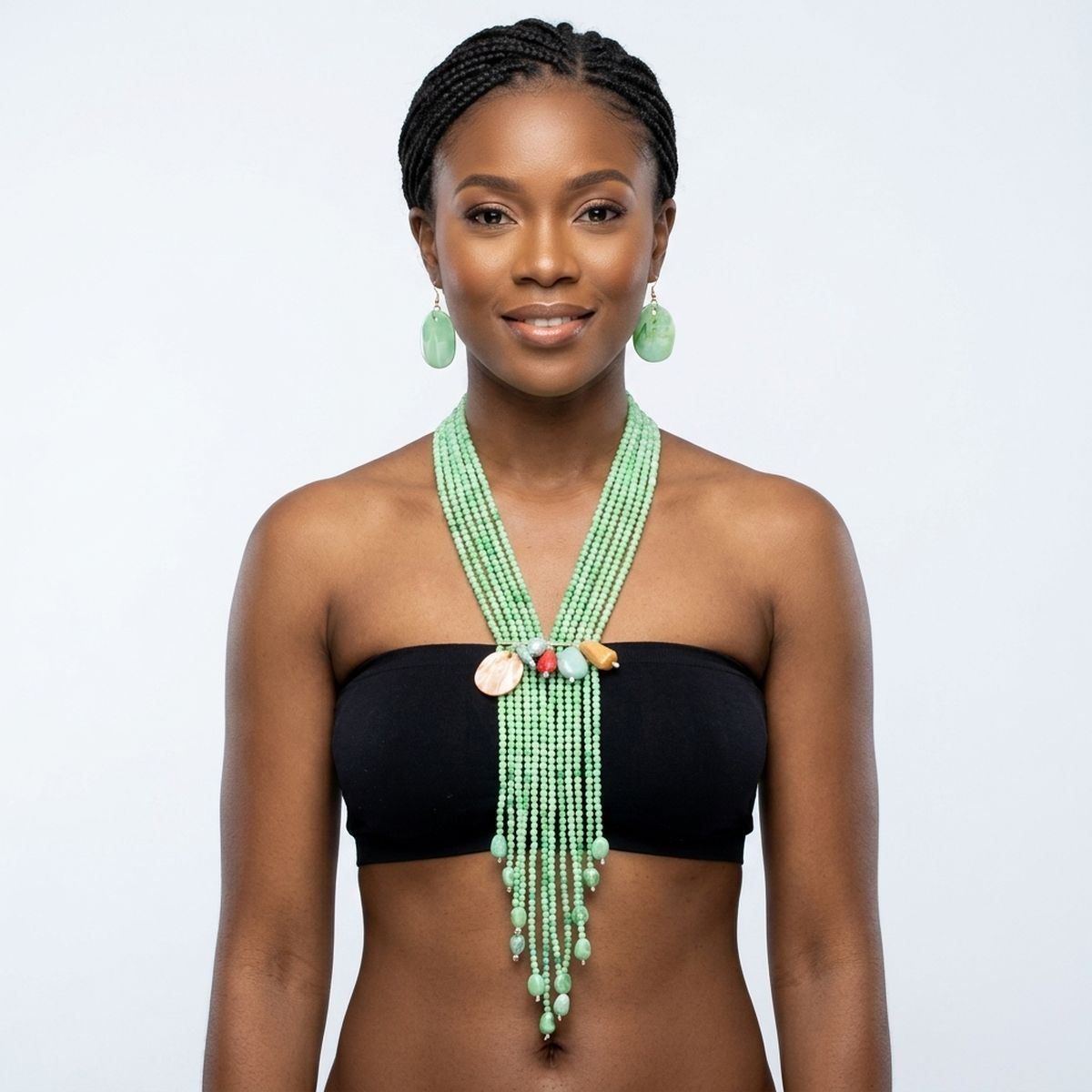 Marbled Green and Stone Bead Tassel Y Necklace