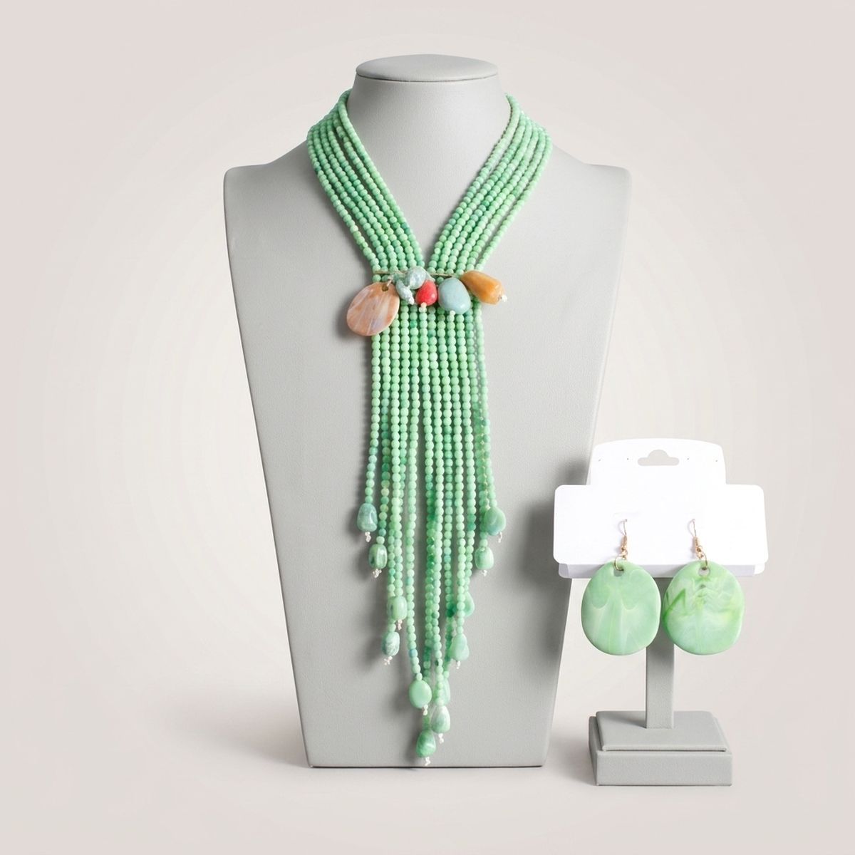 Marbled Green and Stone Bead Tassel Y Necklace