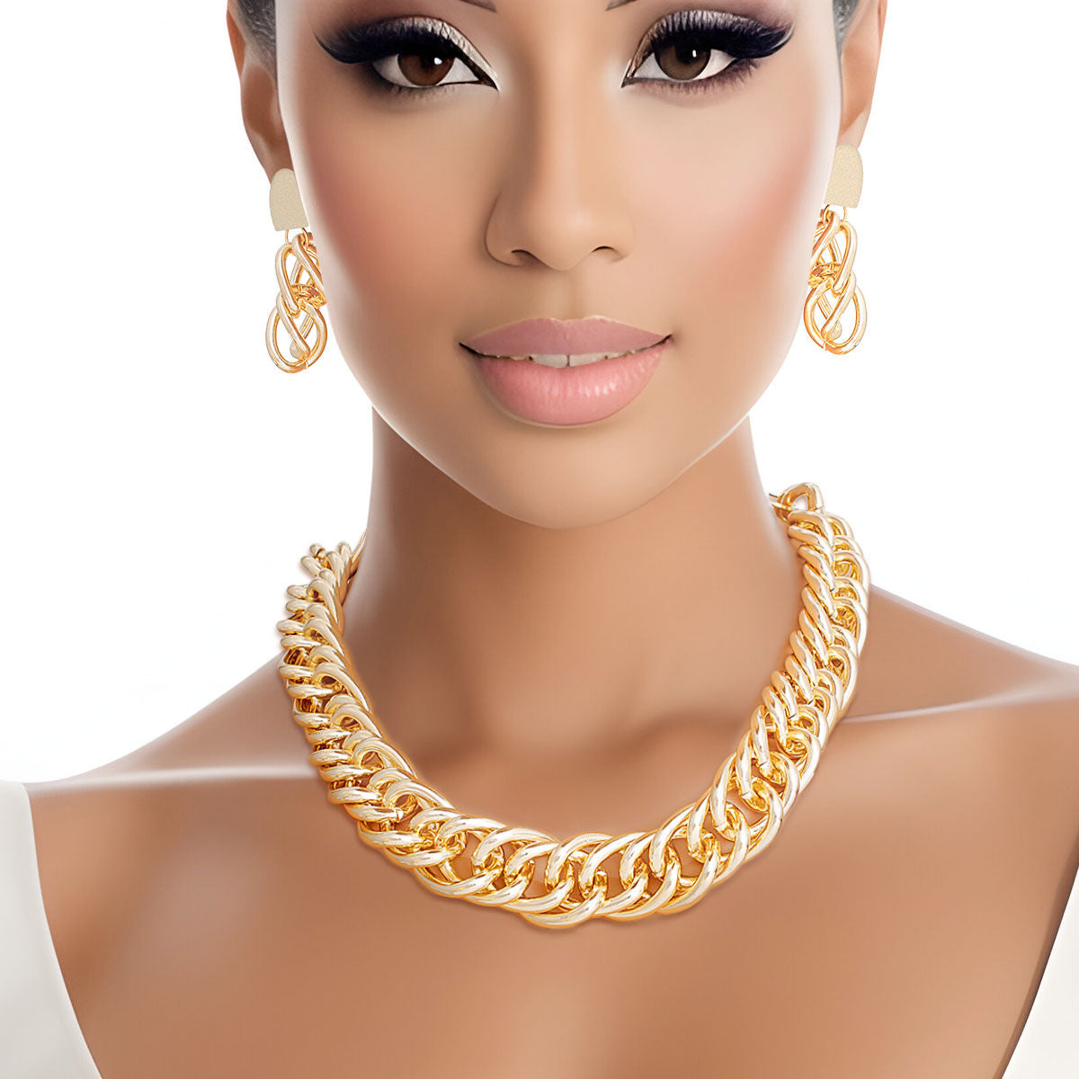 Chain Necklace Gold Double Curb Link Set Women