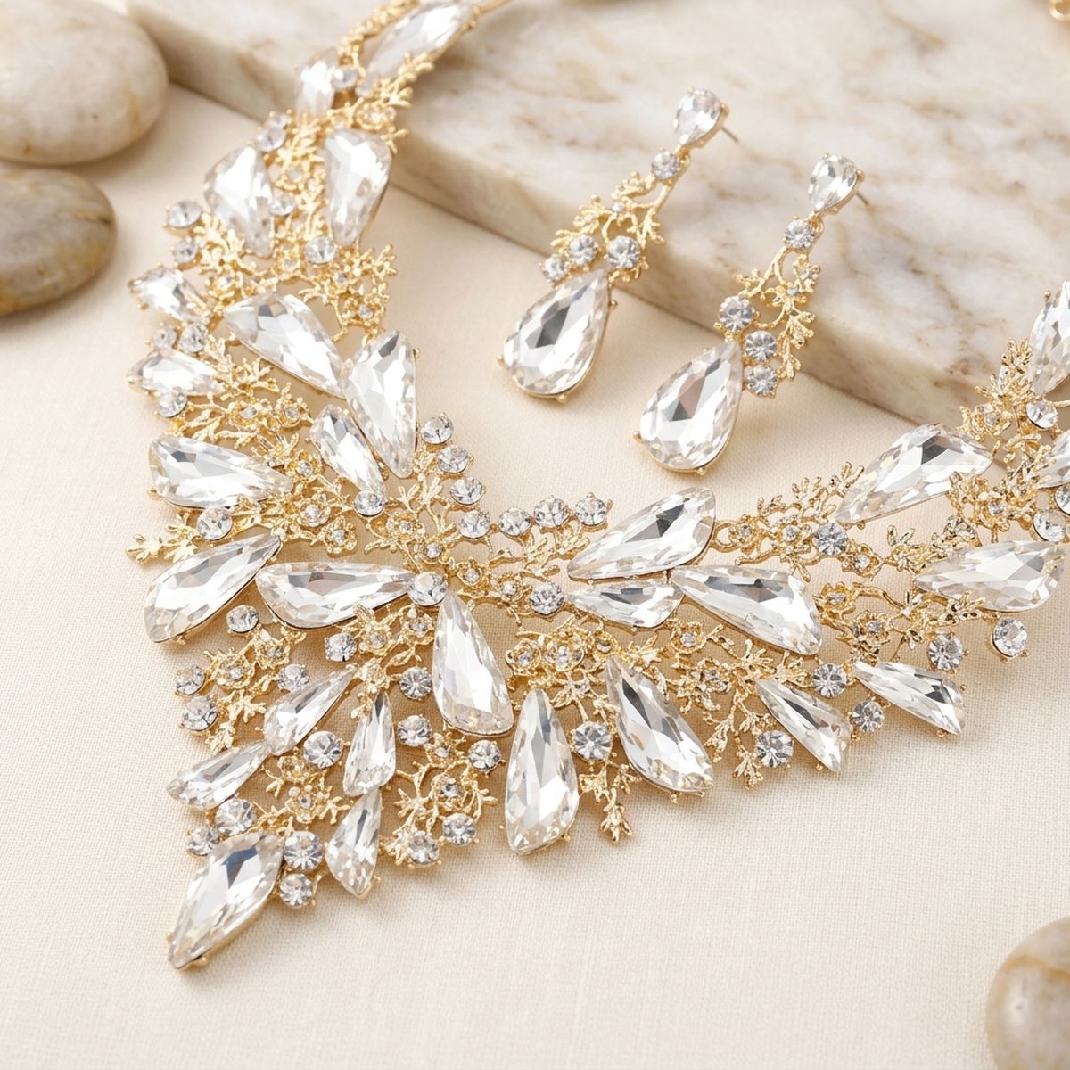 Clear Glass Crystal Gold Flower Large Bib Necklace