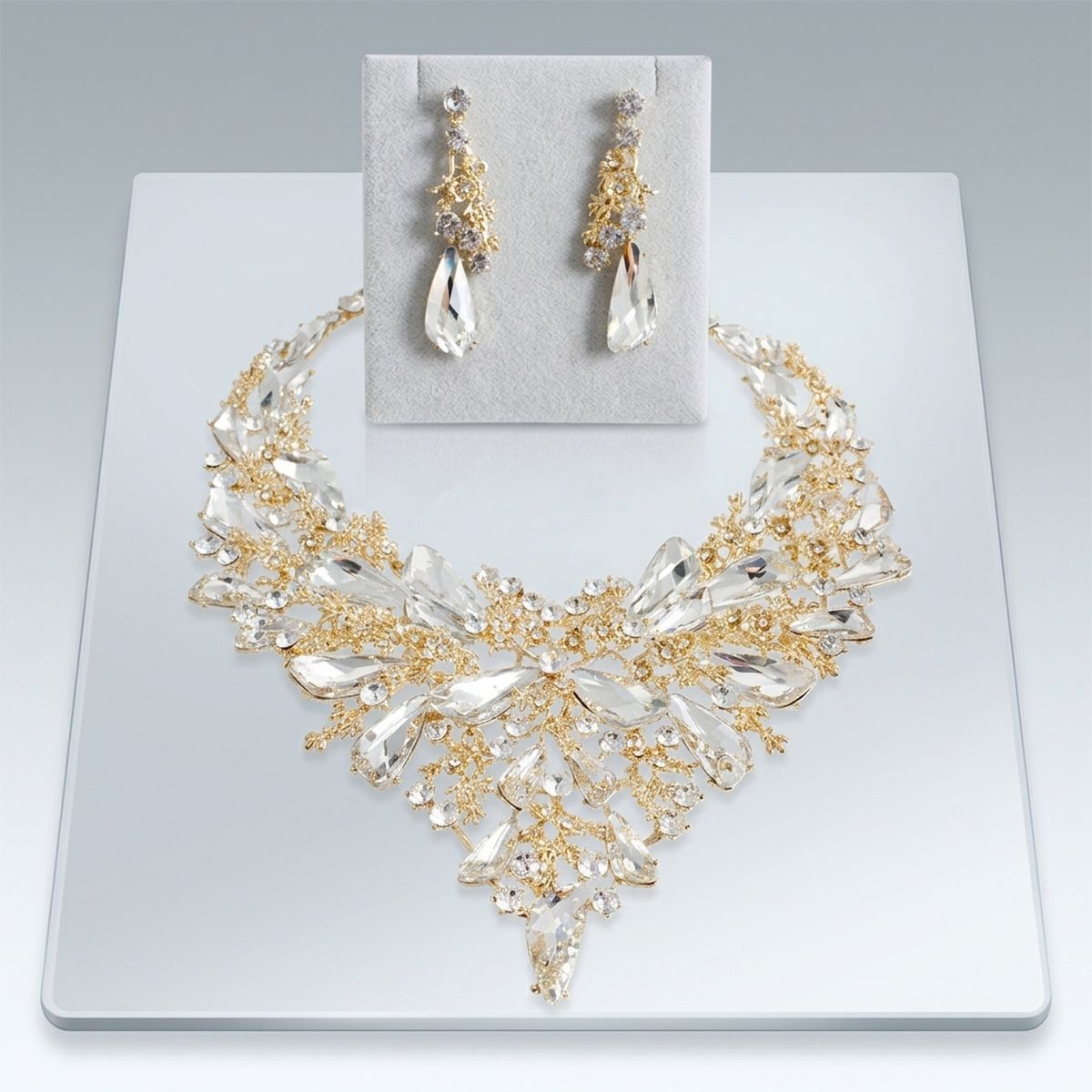 Clear Glass Crystal Gold Flower Large Bib Necklace