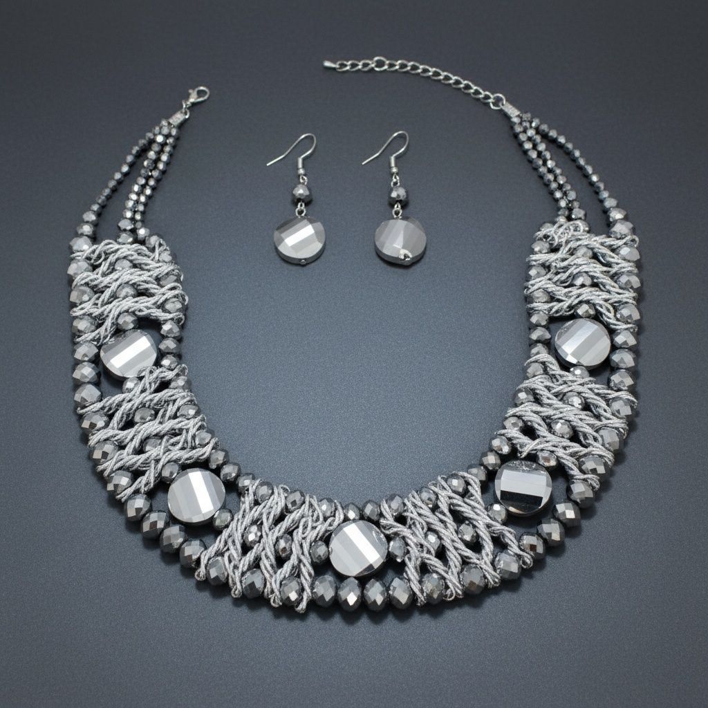 Silver Metallic Bead Woven Collar Bib Necklace