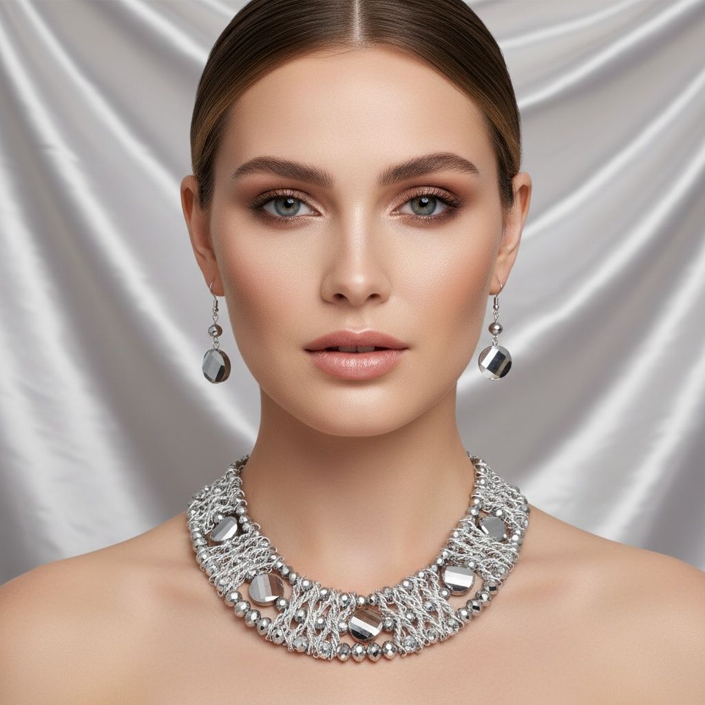 Silver Metallic Bead Woven Collar Bib Necklace