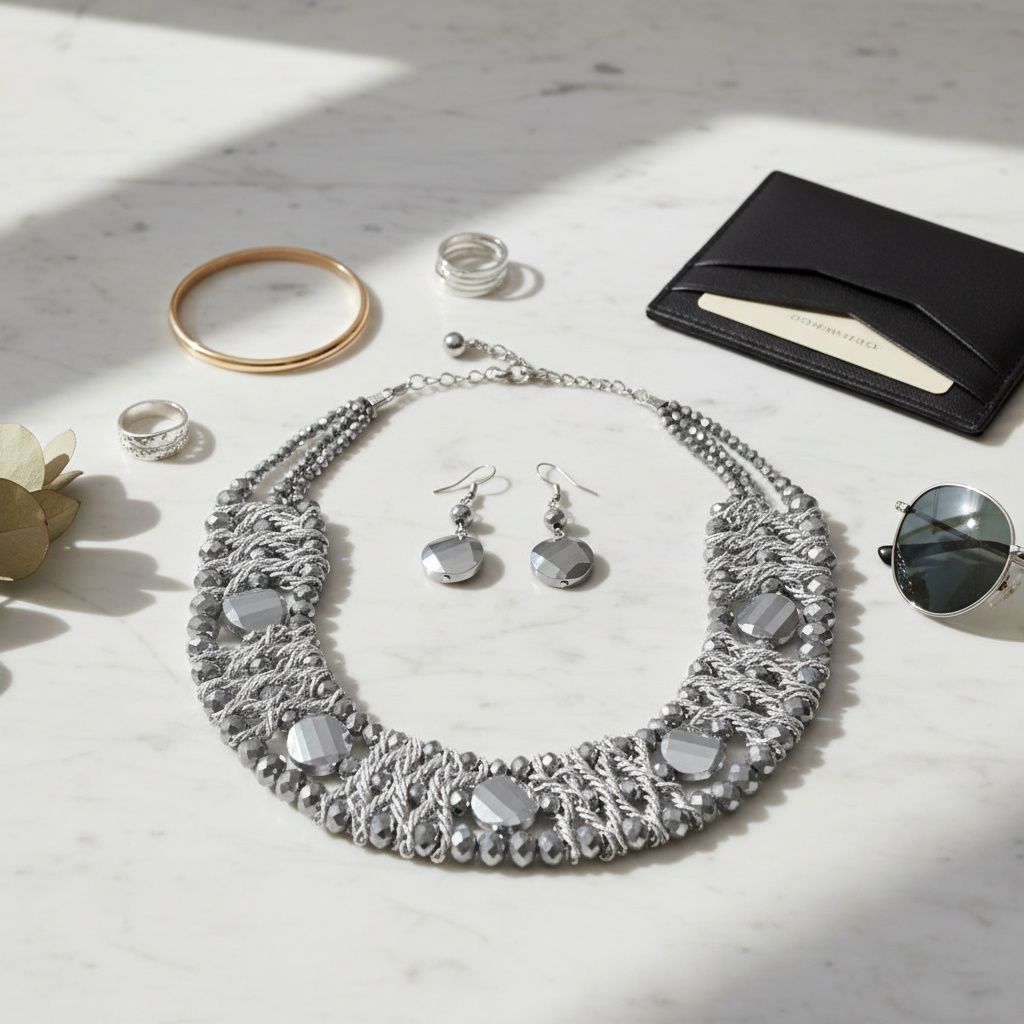 Silver Metallic Bead Woven Collar Bib Necklace