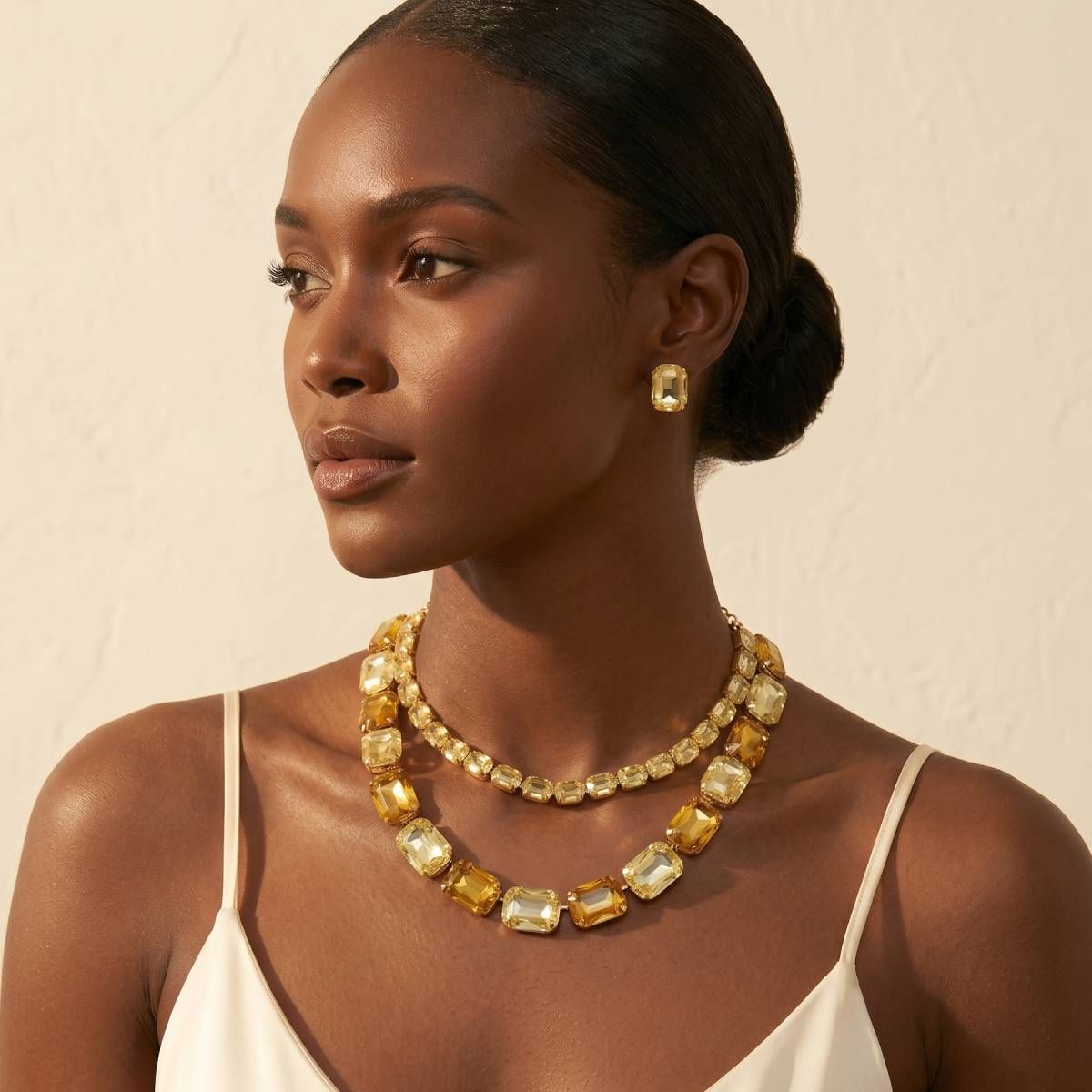 Yellow Emerald Cut Crystal 2 Row Necklace Set