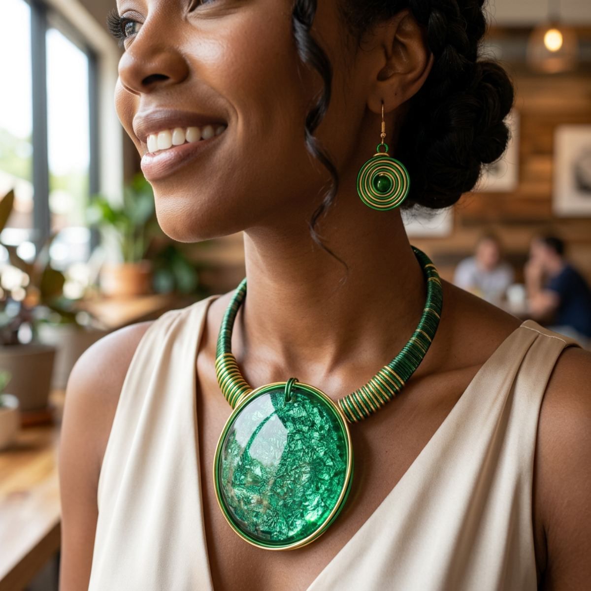 Bright Bold Green Resin Disc Wire Wrapped Necklace