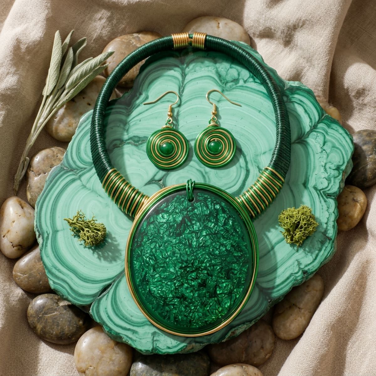 Bright Bold Green Resin Disc Wire Wrapped Necklace