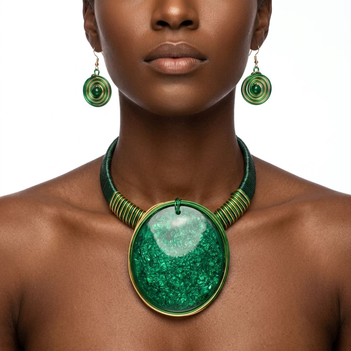 Bright Bold Green Resin Disc Wire Wrapped Necklace