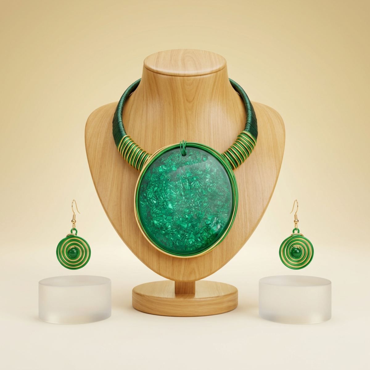 Bright Bold Green Resin Disc Wire Wrapped Necklace