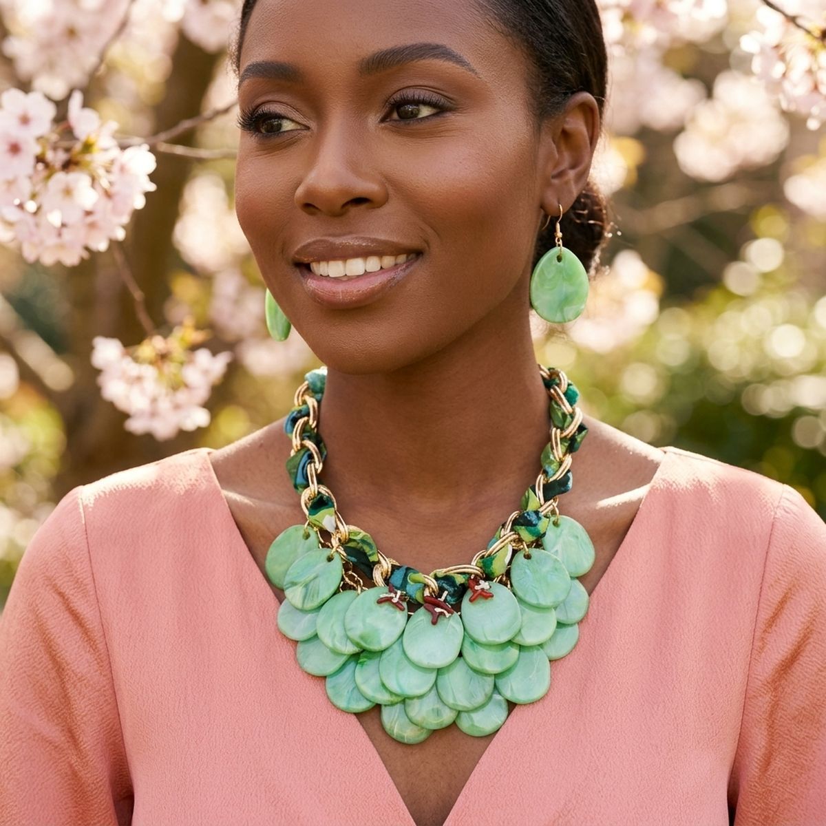 Marbled Green Disc Bib Fabric Woven Chain Necklace
