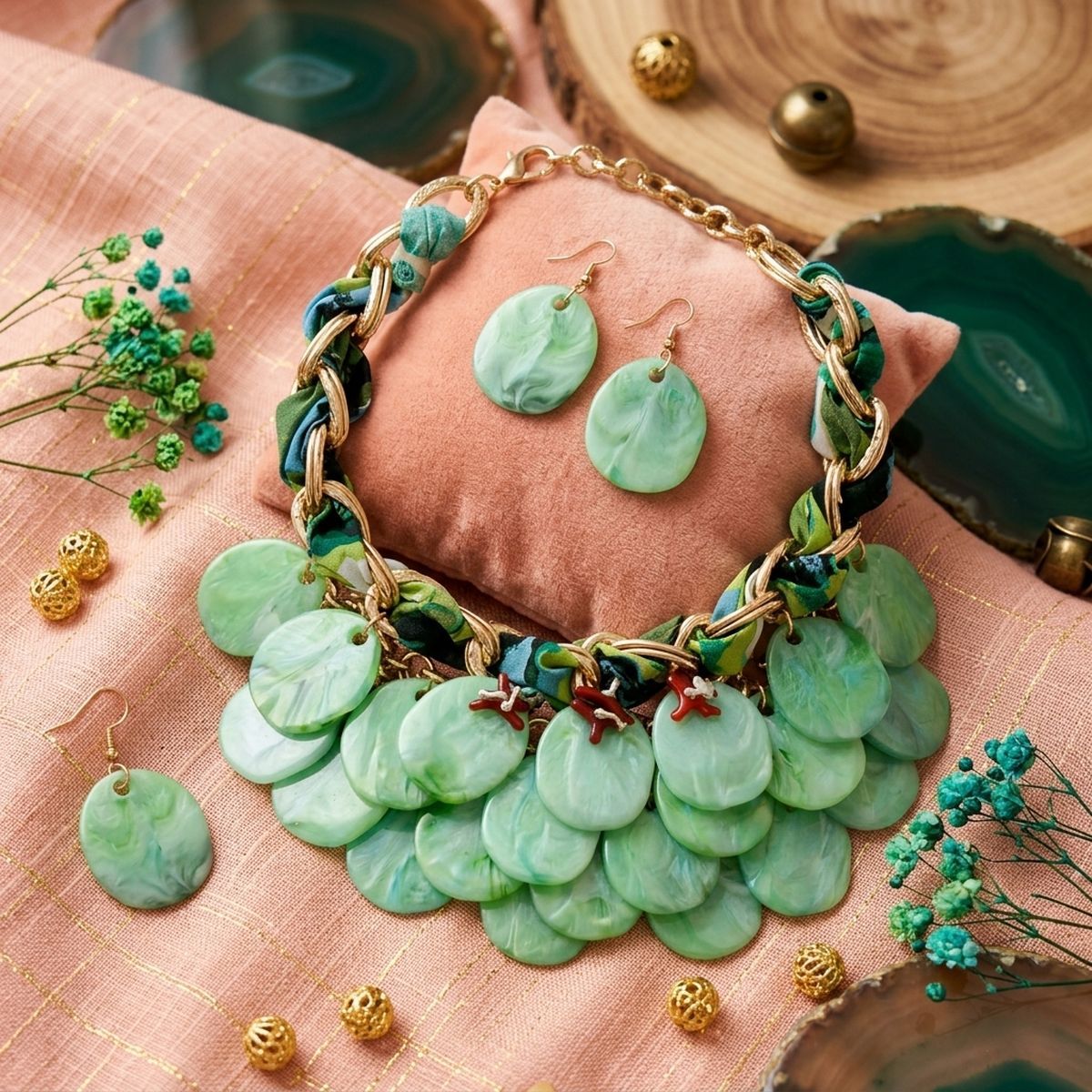 Marbled Green Disc Bib Fabric Woven Chain Necklace