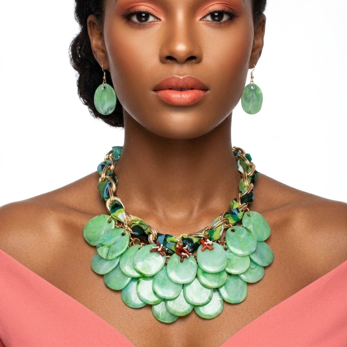Marbled Green Disc Bib Fabric Woven Chain Necklace