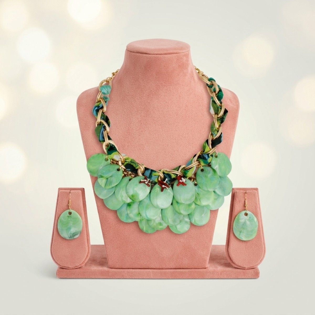 Marbled Green Disc Bib Fabric Woven Chain Necklace