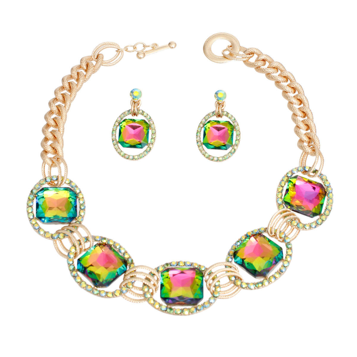 Crystal Necklace Pink Green Linked Set for Women