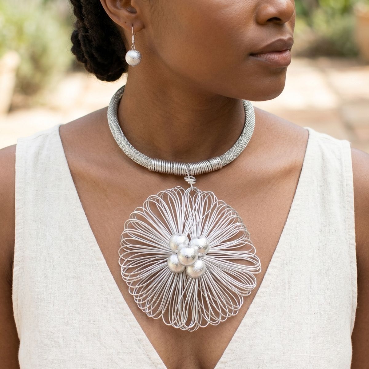 Silver Mesh Large Flower Wire Pendant Necklace