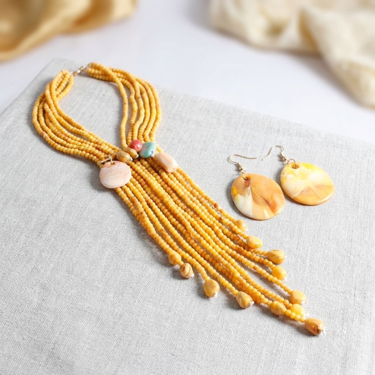 Marbled Mustard and Stone Bead Tassel Y Necklace