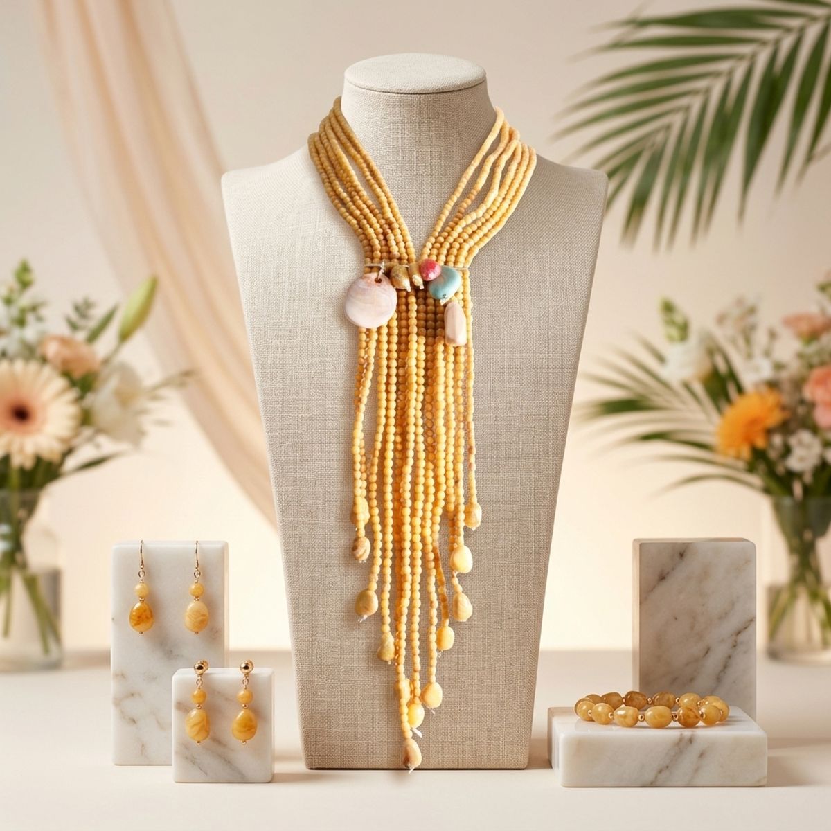 Marbled Mustard and Stone Bead Tassel Y Necklace