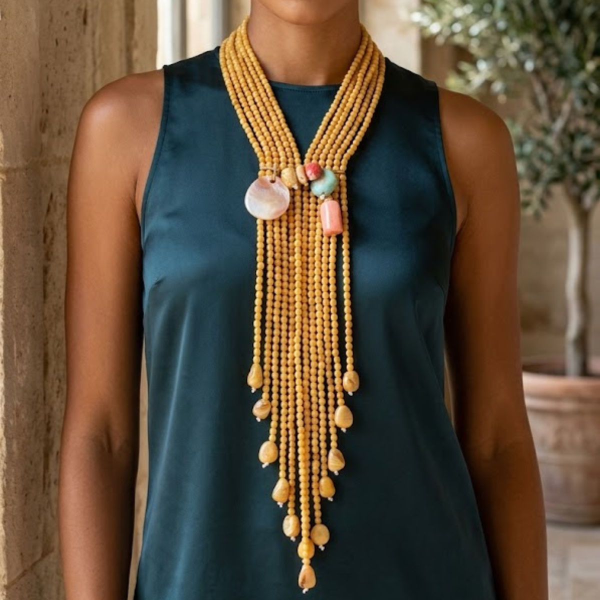 Marbled Mustard and Stone Bead Tassel Y Necklace