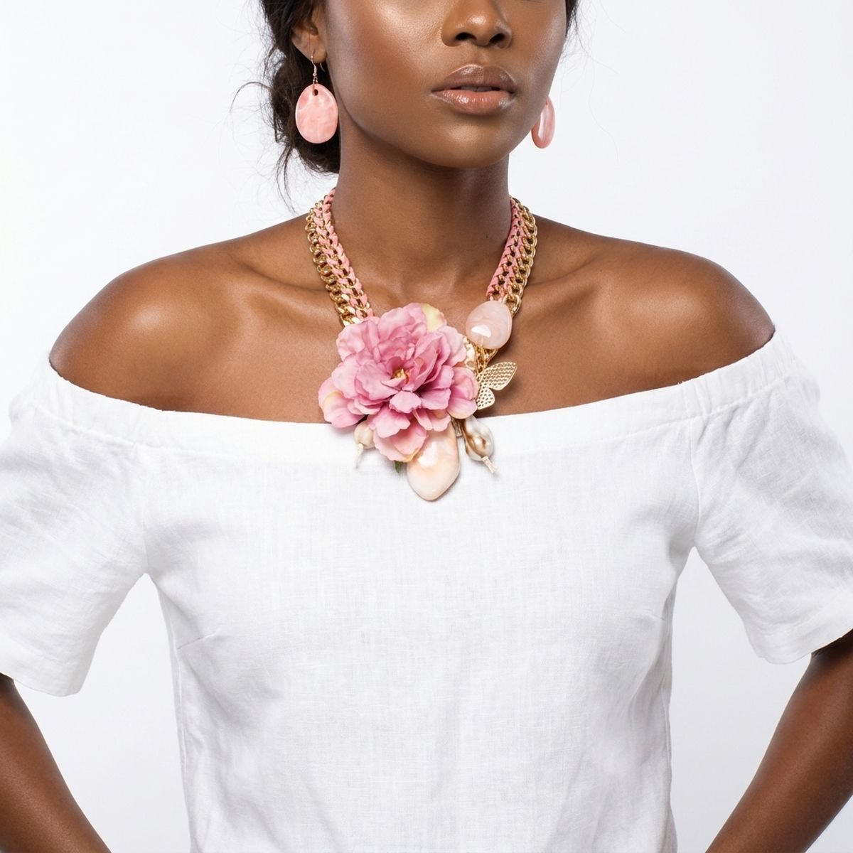 Pink Flower Butterfly Double Chain Collar Necklace