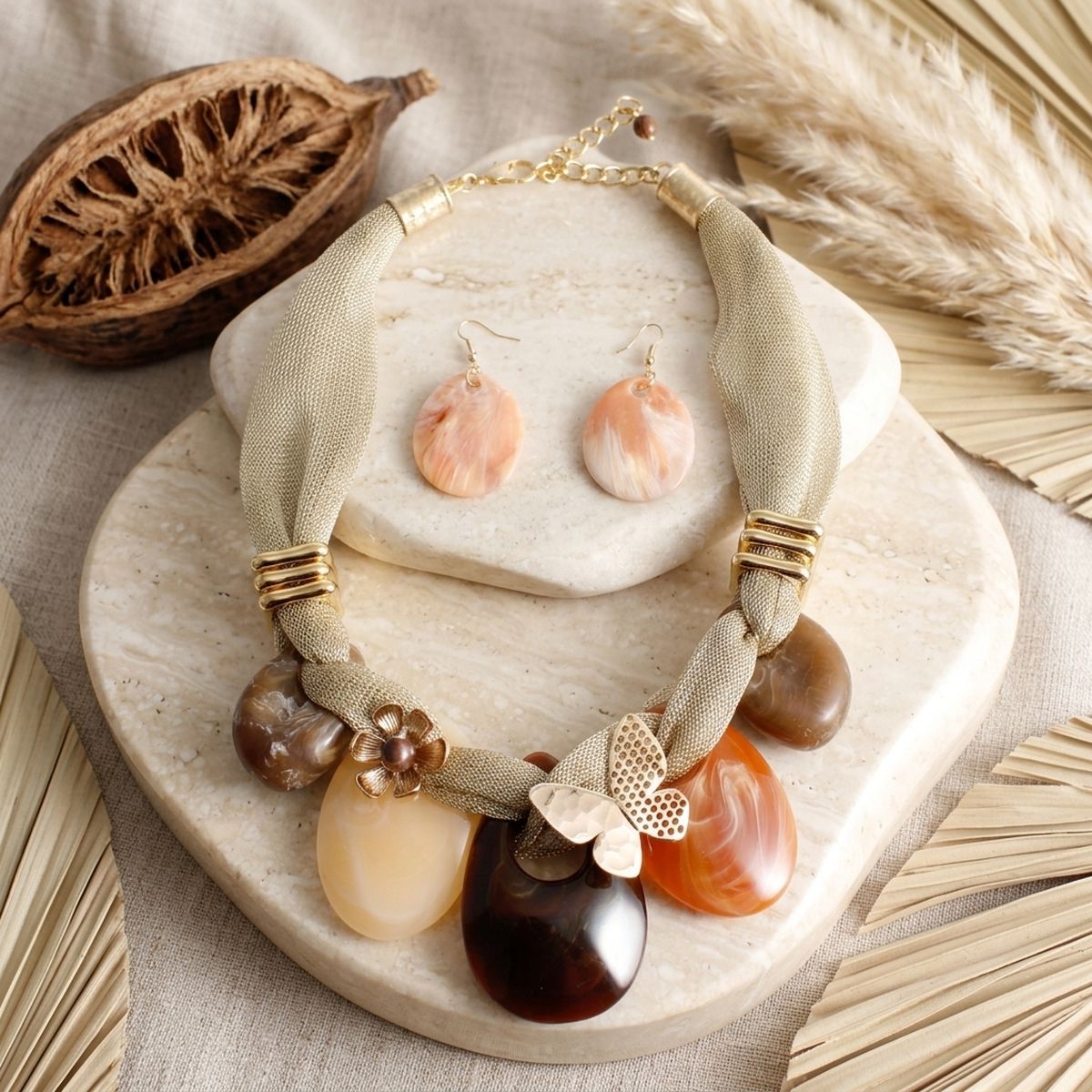 Gold Mesh Marble Brown Teardrop Butterfly Necklace