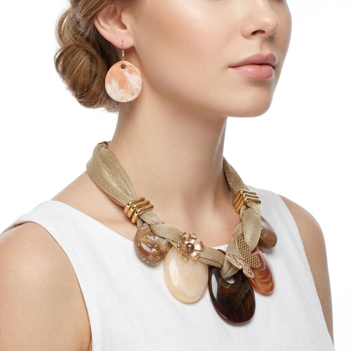 Gold Mesh Marble Brown Teardrop Butterfly Necklace