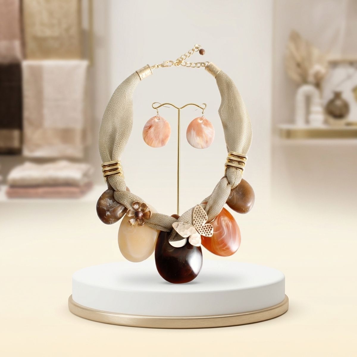 Gold Mesh Marble Brown Teardrop Butterfly Necklace